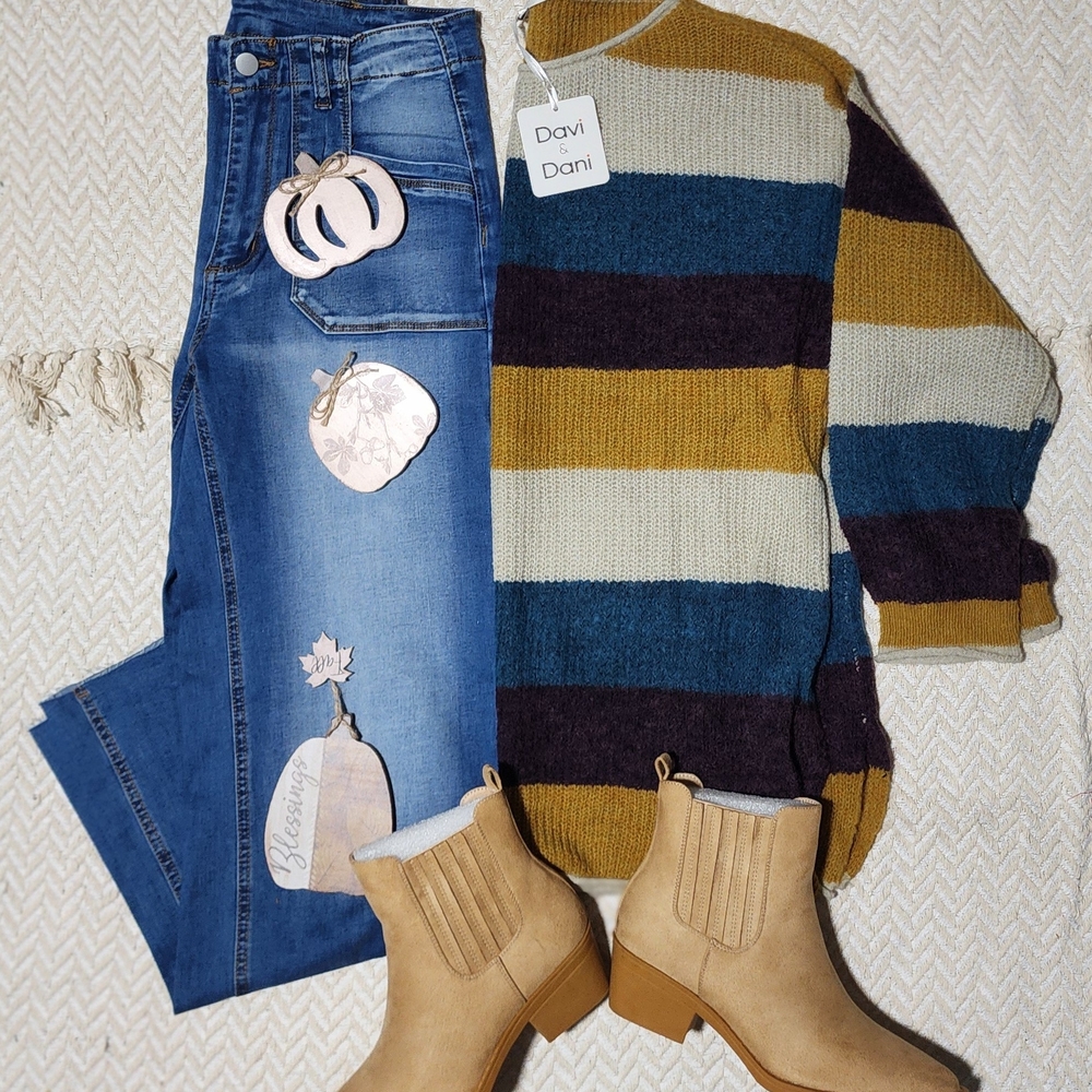 Davi & Dani Colorblock Striped Western Boho Bubble Sleeve Sweater Shacket